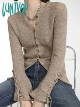 Lunivop Vintage Cropped Cardigan Women Korean Fashion Aesthetic Knitwears Female Round Neck Knitted