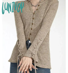 Lunivop Vintage Cropped Cardigan Women Korean Fashion Aesthetic Knitwears Female Round Neck Knitted