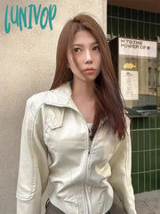 Lunivop Vintage Cropped White Leather Jacket Women Y2K Streetwear 2024 Autumn Pu Racing Jackets