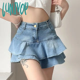 Lunivop Vintage Denim Skirt Shorts Women Summer Korean Fashion High Waist A-line Slim Cute Sexy Mini Jean Ruffle Skirt Female