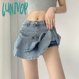 Lunivop Vintage Denim Skirt Women Korean Fashion High Waist A-Line Slim Cute Sexy Shorts Skirts Streetwear Kawaii Ruffles Mini Jeans