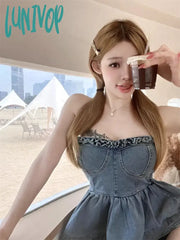 Lunivop Vintage Denim Strapless Vest For Women 2024 Mmer New Slim Waist Ruffles Tank Top Y2K E-Girl
