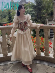 Lunivop Vintage Elegant Print Floral Dress Women Autumn O-Neck Casual Evening Party Midi Female