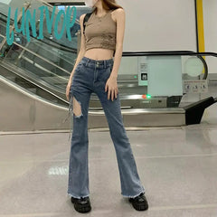 Lunivop Vintage Flare Jeans Women Y2K Sexy High Waist Hollow Out Shirring Denim Trousers Korean