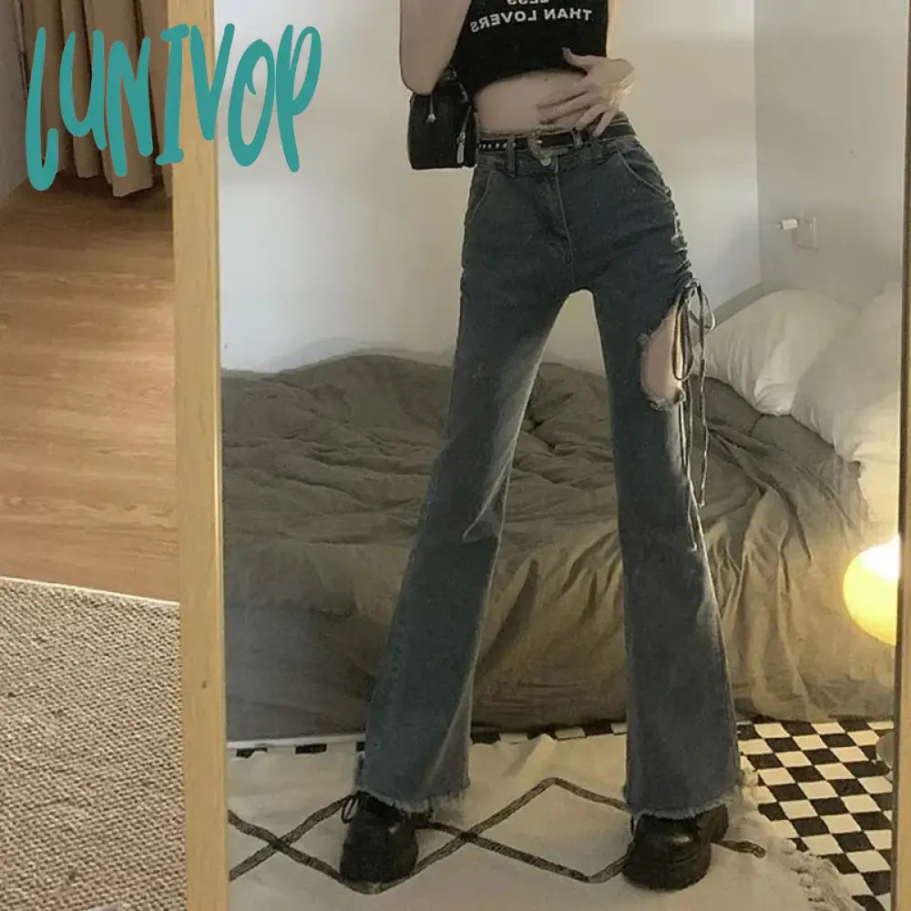 Lunivop Vintage Flare Jeans Women Y2K Sexy High Waist Hollow Out Shirring Denim Trousers Korean