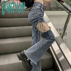 Lunivop Vintage Flare Jeans Women Y2K Sexy High Waist Hollow Out Shirring Denim Trousers Korean