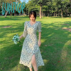 Lunivop Vintage Floral A Line Dress Women Sexy Slit Print V Neck Midi Retro Elegant Holiday Korean