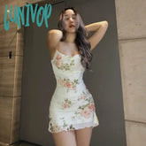 Lunivop Vintage Floral Dresses For Women Summer Vacation Cute Sexy Mesh Spaghetti Strap Bodycon