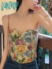 Lunivop Vintage Floral Print Vest Women Sexy Off Shoulder Strapless Female Korean Fashion Casual