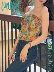 Lunivop Vintage Floral Print Vest Women Sexy Off Shoulder Strapless Female Korean Fashion Casual