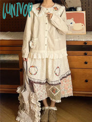 Lunivop Vintage Flower Long Cotton Linen Skirt Women Spring Summer Casual Elastic Waist Bohemia