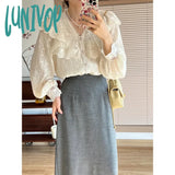 Lunivop Vintage French Women Shirts Lace Lolita Elegant Long Sleeve Flounce Blouse High Quality