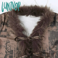 Lunivop Vintage Fur Collar V Neck Cropped Cardigan Women Sexy Bandage Sweater Fashion Hot Girls Y2K