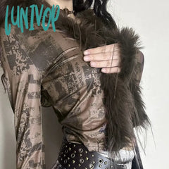 Lunivop Vintage Fur Collar V Neck Cropped Cardigan Women Sexy Bandage Sweater Fashion Hot Girls Y2K