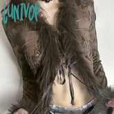 Lunivop Vintage Fur Collar V Neck Cropped Cardigan Women Sexy Bandage Sweater Fashion Hot Girls Y2K