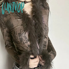 Lunivop Vintage Fur Collar V Neck Cropped Cardigan Women Sexy Bandage Sweater Fashion Hot Girls Y2K