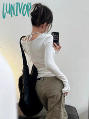 Lunivop Vintage Grunge Long Sleeve T Shirts Women Aesthetic Y2K Streetwear Crop Tops Female 2000S