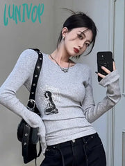 Lunivop Vintage Grunge Long Sleeve T Shirts Women Aesthetic Y2K Streetwear Crop Tops Female 2000S