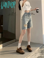 Lunivop Vintage High Waisted A-Line Women’s Hole Denim Quarter Shorts Summer New Street Casual