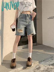 Lunivop Vintage High Waisted A-Line Women’s Hole Denim Quarter Shorts Summer New Street Casual