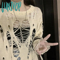 Lunivop Vintage Hole Hollow Out Knitted Sweater Woman Harajuku Loose Long Sleeve Jumpers Women High
