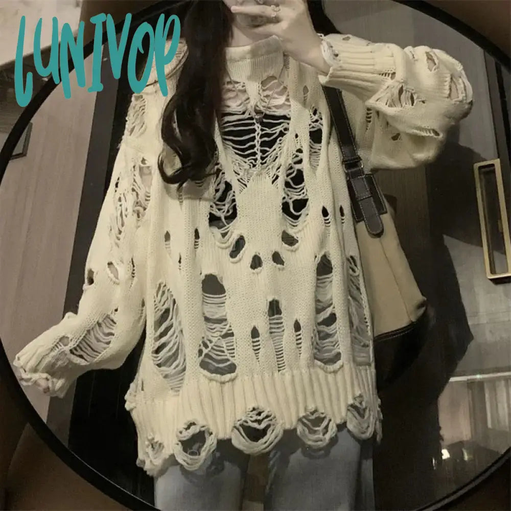 Lunivop Vintage Hole Hollow Out Knitted Sweater Woman Harajuku Loose Long Sleeve Jumpers Women High