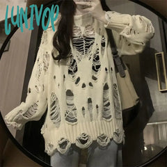 Lunivop Vintage Hole Hollow Out Knitted Sweater Woman Harajuku Loose Long Sleeve Jumpers Women High