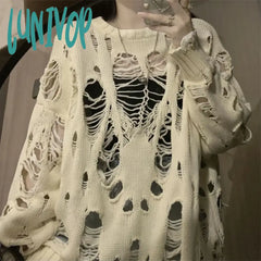 Lunivop Vintage Hole Hollow Out Knitted Sweater Woman Harajuku Loose Long Sleeve Jumpers Women High