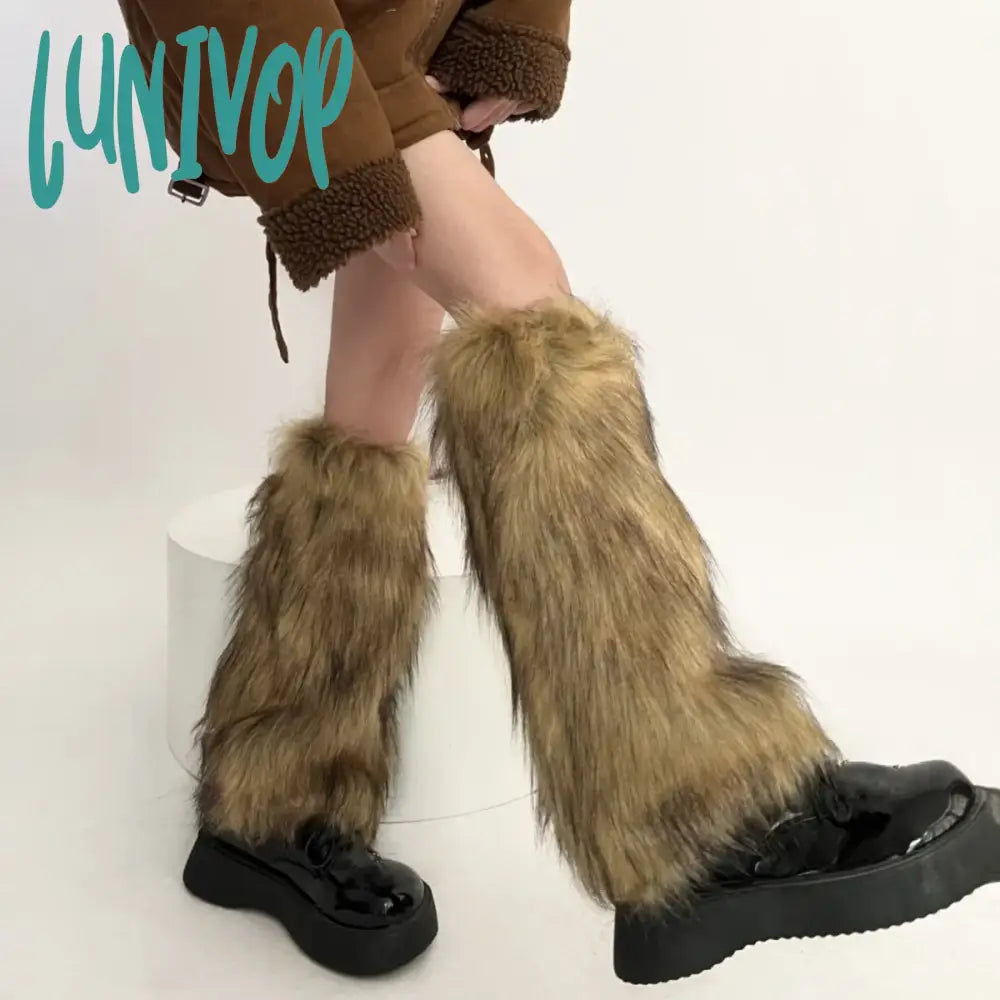 Lunivop Vintage Imitation Faux Fur Leg Warmers Retro Modern Y2K Brown Winter Warm Boots Cover Socks