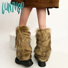 Lunivop Vintage Imitation Faux Fur Leg Warmers Retro Modern Y2K Brown Winter Warm Boots Cover Socks