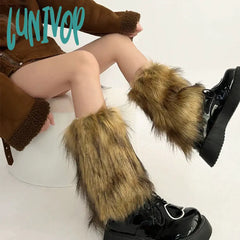 Lunivop Vintage Imitation Faux Fur Leg Warmers Retro Modern Y2K Brown Winter Warm Boots Cover Socks