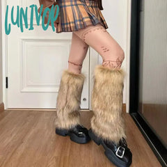 Lunivop Vintage Imitation Fur Leg Warmers Hot Girl Y2K Brown Hairy Winter Warm Furry Boots Socks