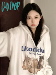 Lunivop Vintage Kawaii Zip Up Cat Print Hooded Sweatshirts Women Y2K Harajuku Streetwear Graphic