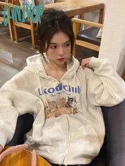 Lunivop Vintage Kawaii Zip Up Cat Print Hooded Sweatshirts Women Y2K Harajuku Streetwear Graphic