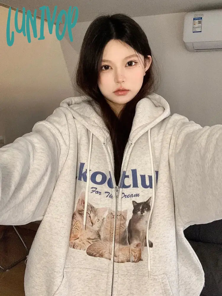 Lunivop Vintage Kawaii Zip Up Cat Print Hooded Sweatshirts Women Y2K Harajuku Streetwear Graphic