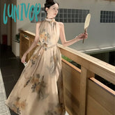 Lunivop Vintage Khaki Print Halter Boho Vacation Pleated Dress For Women 2024 Summer New Sleeveless