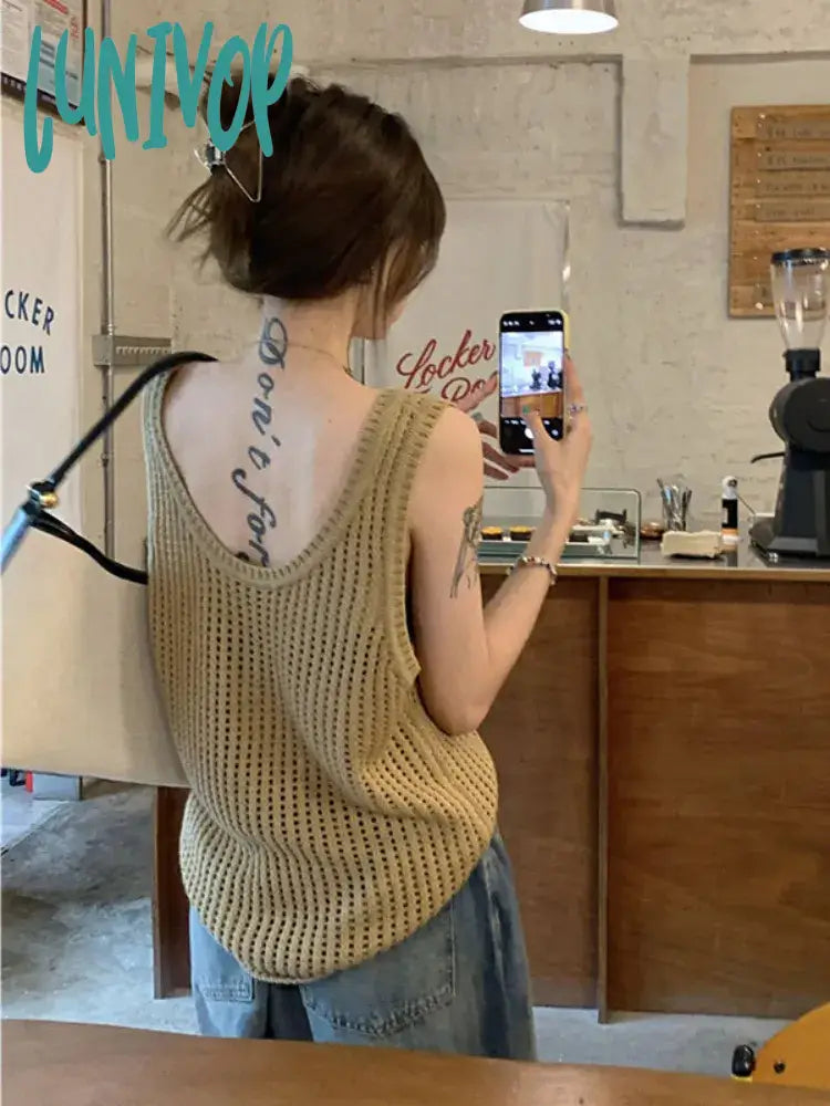 Lunivop Vintage Knitted Tank Tops Women Harajuku Solid Hollow Out Vest Korean Fashion Loose Casual