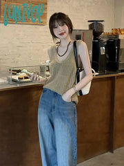 Lunivop Vintage Knitted Tank Tops Women Harajuku Solid Hollow Out Vest Korean Fashion Loose Casual