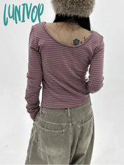 Lunivop Vintage Korean Style Striped T Shirts Women Y2K Dongdaemun Aesthetic Crop Tops Casual Basic