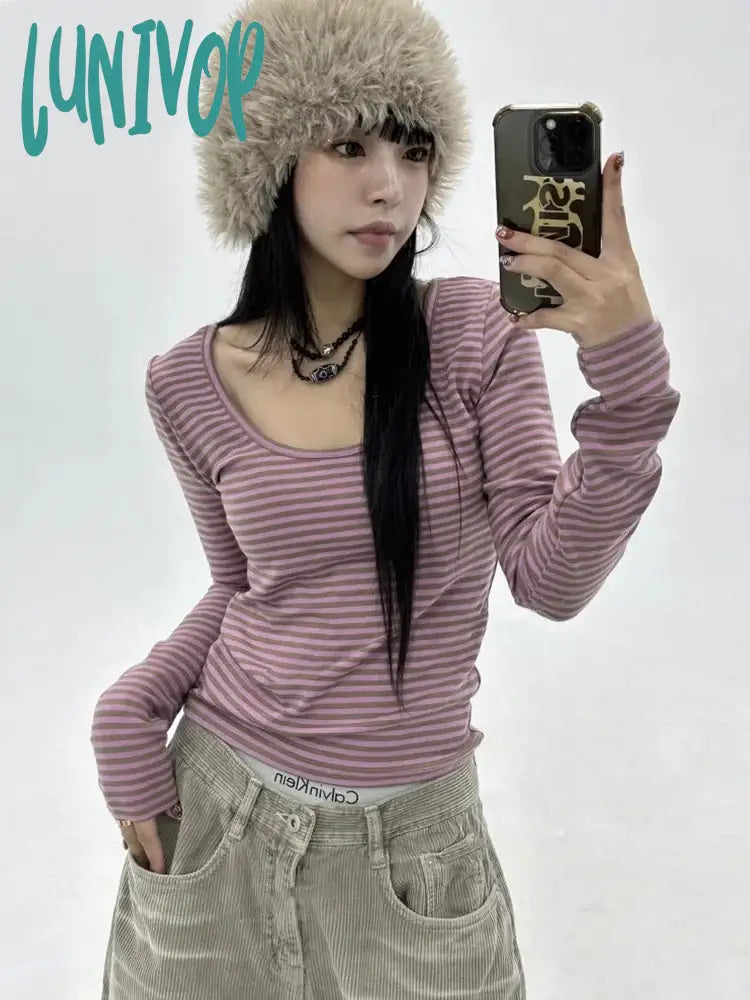 Lunivop Vintage Korean Style Striped T Shirts Women Y2K Dongdaemun Aesthetic Crop Tops Casual Basic
