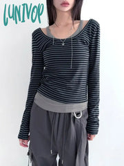 Lunivop Vintage Korean Style Striped T Shirts Women Y2K Dongdaemun Aesthetic Crop Tops Casual Basic
