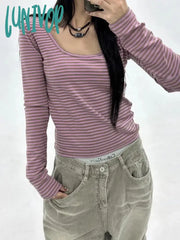 Lunivop Vintage Korean Style Striped T Shirts Women Y2K Dongdaemun Aesthetic Crop Tops Casual Basic