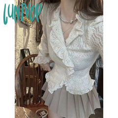 Lunivop Vintage Lace Shirts Women Streetwear Ruffles Tunic Crop Tops Blouses Sweet Korean Elegant