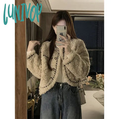 Lunivop Vintage Lamb Wool Coats Women Elegant Cropped Faux Fur Quilted Jacket Winter Ladies Korean