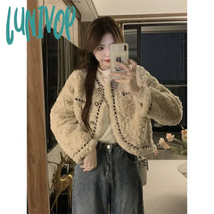 Lunivop Vintage Lamb Wool Coats Women Elegant Cropped Faux Fur Quilted Jacket Winter Ladies Korean