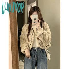 Lunivop Vintage Lamb Wool Coats Women Elegant Cropped Faux Fur Quilted Jacket Winter Ladies Korean