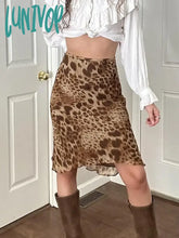 Lunivop Vintage Leopard Print Midi-Calf Skirt Fairycore Grunge High Waist A-Line Mesh Skirts