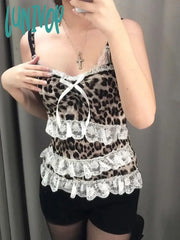 Lunivop Vintage Leopard Strap Summer Camis Tops 2000S Aesthetic Y2K Clothes Korean Style Lace