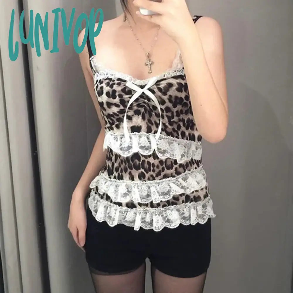 Lunivop Vintage Leopard Strap Summer Camis Tops 2000S Aesthetic Y2K Clothes Korean Style Lace