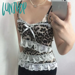 Lunivop Vintage Leopard Strap Summer Camis Tops 2000S Aesthetic Y2K Clothes Korean Style Lace